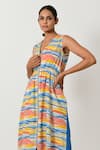 Rias Jaipur_Multi Color 100% Organic Cotton Hand Block Printed Striped V Neck Midi Dress _at_Aza_Fashions