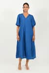 Buy_Rias Jaipur_Blue 100% Organic Cotton Solid V Neck Dress _at_Aza_Fashions