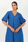 Buy_Rias Jaipur_Blue 100% Organic Cotton Solid V Neck Dress _Online_at_Aza_Fashions