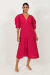 Buy_Rias Jaipur_Magenta 100% Organic Cotton Solid V Neck Dress _Online_at_Aza_Fashions