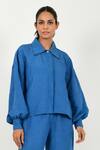 Buy_Rias Jaipur_Blue 100% Organic Cotton Solid Collar Puffed Sleeve Shirt _at_Aza_Fashions