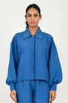 Rias Jaipur_Blue 100% Organic Cotton Solid Collar Puffed Sleeve Shirt _Online_at_Aza_Fashions