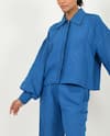 Rias Jaipur_Blue 100% Organic Cotton Solid Collar Puffed Sleeve Shirt _at_Aza_Fashions