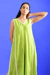 Rias Jaipur_Green Handloom Plain V Neck Handwoven Cotton Jumpsuit _at_Aza_Fashions