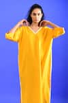 Rias Jaipur_Yellow Handloom Plain V Neck Iced Mango Handwoven Cotton Kurta _at_Aza_Fashions