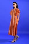 Rias Jaipur_Orange Handloom Placement Panel Round Neck Popsicle Midi Dress _Online_at_Aza_Fashions