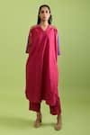 Rias Jaipur_Magenta Handloom Placement Panel V Neck Viva Handwoven Cotton Kurta With Pant _Online_at_Aza_Fashions