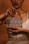 Tarun Tahiliani_Grey Golden Poth Floral Woven Brocade Matchbox Clutch _Online_at_Aza_Fashions