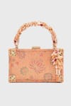 Shop_Tarun Tahiliani_Orange Peach Barffi Floral Woven Brocade Matchbox Clutch_at_Aza_Fashions