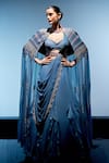 Buy_Miku Kumar_Blue Georgette Embroidered Sequin Evelyn Draped Lehenga Set With Cape  _at_Aza_Fashions