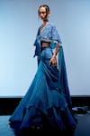 Miku Kumar_Blue Organza Embroidered Sequin V Neck Cape Pre-draped Saree Set _at_Aza_Fashions