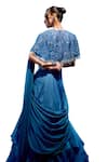 Shop_Miku Kumar_Blue Organza Embroidered Sequin V Neck Cape Pre-draped Saree Set 