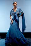 Miku Kumar_Blue Organza Embroidered Sequin V Neck Cape Pre-draped Saree Set _Online