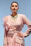 Shop_Miku Kumar_Peach Satin Organza Embroidered Sequin Scoop Jacket Lehenga Set _Online_at_Aza_Fashions