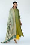 Buy_Meghna Panchmatia_Green Pure Silk Woven Bandhej Round Ombre Asymmetric Kurta With Banarasi Dupatta _at_Aza_Fashions