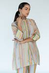 Meghna Panchmatia_Grey Top And Pant Chanderi Print Striped Blossom Band Collar Set _Online_at_Aza_Fashions