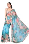 Anita Kanwal_Blue Georgette Printed Floral Digital Saree With Unstitched Blouse Piece _Online_at_Aza_Fashions