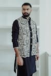 WABI SABI BY ANSHUM-RITESH_Black Chanderi Embroidery Resham Stamp Bundi And Kurta Set _Online_at_Aza_Fashions