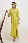 Buy_Rishi and Vibhuti_Green Crepe Embroidered Cutwork V Neck Callista Kaftan _at_Aza_Fashions