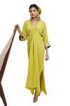 Rishi and Vibhuti_Green Crepe Embroidered Cutwork V Neck Callista Kaftan _at_Aza_Fashions