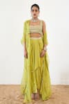 Shop_Rishi and Vibhuti_Green Crepe Embroidered Sequin Bustier Aelin Cape With Draped Skirt Set _at_Aza_Fashions