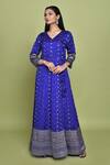 Buy_Pinki Sinha_Blue Banarasi Woven V Neck And Floral Angarkha_at_Aza_Fashions