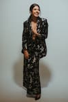 Paulmi and Harsh_Black Russian Jacquard Woven Floral Jaal Blazer Notched Pant Set  