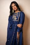 Shop_Paulmi and Harsh_Blue Chiniya Silk Hand Embroidered Anar Motifs Round Kurta And Pant Set  