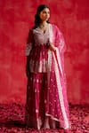 Buy_PREEVIN_Pink Short Anarkali And Sharara Cotton Mulmul Embroidery Floral V Set  _at_Aza_Fashions