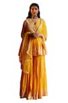 Preevin_Yellow Cotton, Tulle, Net Embroidery, Mirrors Floret Peplum Kurta Sharara Set _Online_at_Aza_Fashions