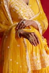 Preevin_Yellow Cotton, Tulle, Net Embroidery, Mirrors Floret Peplum Kurta Sharara Set _at_Aza_Fashions