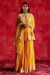 Buy_Preevin_Yellow Cotton, Tulle, Net Embroidery, Mirrors Floret Peplum Kurta Sharara Set _at_Aza_Fashions