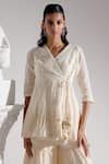 Preevin_Off White Cotton Embroidery, Mirrors V-neck Angrakha Kurta With Sharara _at_Aza_Fashions