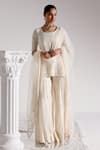 Buy_PREEVIN_Off White Kurta And Sharara Cotton Mulmul Tonal Straight Set  _at_Aza_Fashions