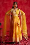 Preevin_Yellow Cotton, Net, Tulle Embroidery, Floral Embellished Angarkha With Dupatta _Online_at_Aza_Fashions