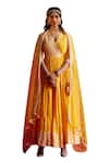 Buy_Preevin_Yellow Cotton, Net, Tulle Embroidery, Floral Embellished Angarkha With Dupatta _Online_at_Aza_Fashions