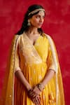 Preevin_Yellow Cotton, Net, Tulle Embroidery, Floral Embellished Angarkha With Dupatta _at_Aza_Fashions