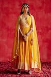 Buy_Preevin_Yellow Cotton, Net, Tulle Embroidery, Floral Embellished Angarkha With Dupatta _at_Aza_Fashions