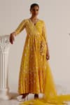 Buy_Preevin_Yellow Cotton, Net, Tulle Geometric Pattern Embellished Angarkha With Dupatta _at_Aza_Fashions
