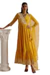 PREEVIN_Yellow Angarkha Cotton Mulmul Tassel Detailed Tiered With Dupatta  _Online_at_Aza_Fashions