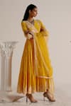 Buy_PREEVIN_Yellow Angarkha Cotton Mulmul Tassel Detailed Tiered With Dupatta  _Online_at_Aza_Fashions