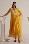 Buy_PREEVIN_Yellow Angarkha Cotton Mulmul Tassel Detailed Tiered With Dupatta  _at_Aza_Fashions