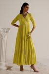 Preevin_Green Cotton, Tulle, Net Mirrors, Tassels, Detailed Angarkha With Dupatta _Online_at_Aza_Fashions