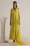 Buy_Preevin_Green Cotton, Tulle, Net Mirrors, Tassels, Detailed Angarkha With Dupatta _at_Aza_Fashions