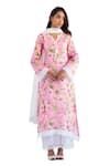 Roze_Pink Pure Cotton Print Floral Notched Neck Aasma Kurta Set _Online