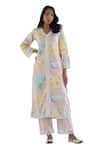 Buy_Roze_Peach Pure Cotton Print Floral V Neck Arfa Kurta Pant Set _Online_at_Aza_Fashions