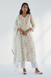 Buy_Roze_Green Kurta And Pant Pure Cotton Printed Floral V Neck Lina Set _at_Aza_Fashions