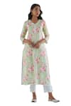 Roze_Green Kurta And Pant Pure Cotton Printed Floral V Neck Lina Set _Online_at_Aza_Fashions