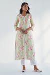 Buy_Roze_Green Kurta And Pant Pure Cotton Printed Floral V Neck Lina Set _Online_at_Aza_Fashions