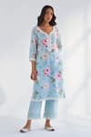 Buy_Roze_Blue Kurta And Pant Pure Cotton Printed Floral V Neck Mariam Set _Online_at_Aza_Fashions